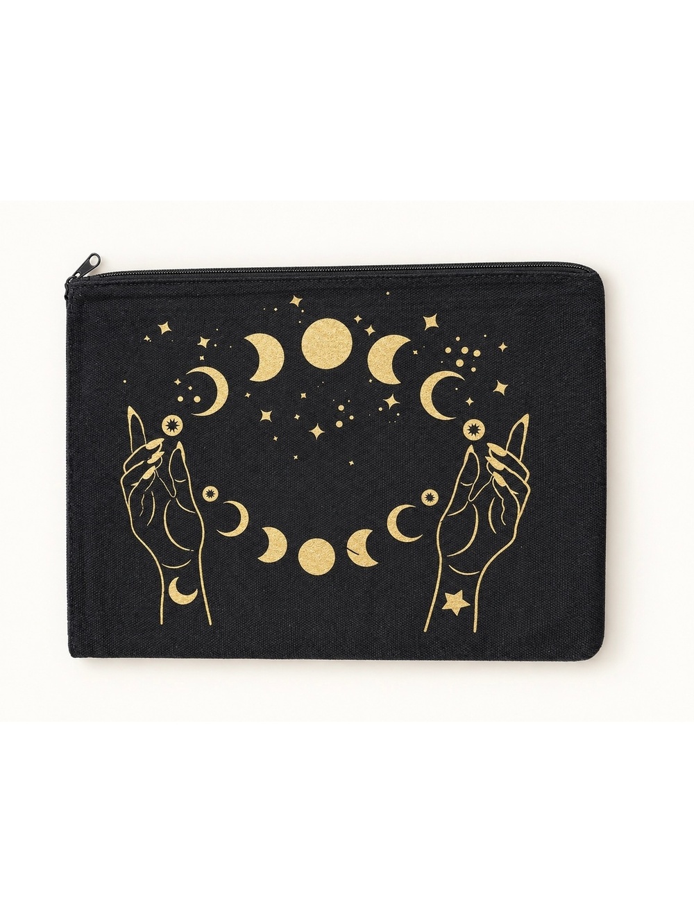 Black & Gold Celestial Zipper Pouch — New Moon Phases & Hands